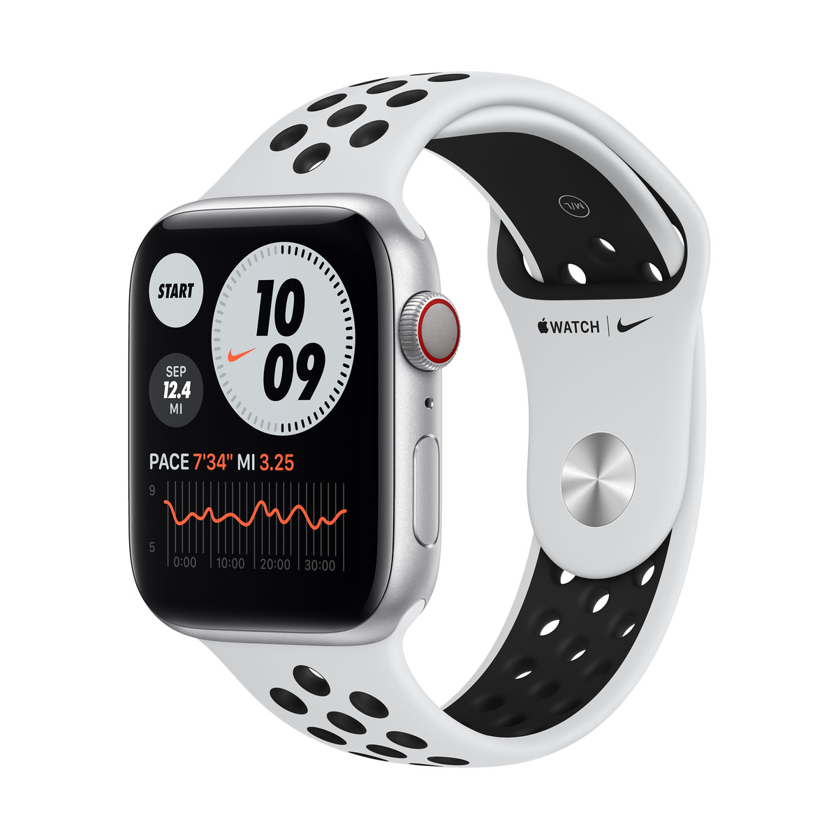 Smartwatch Apple Watch Nike Series 6 GPS + Cellular 44mm 4G Carcasa Silver Aluminium Bratara Pure Platinum/Black Nike Sport Band