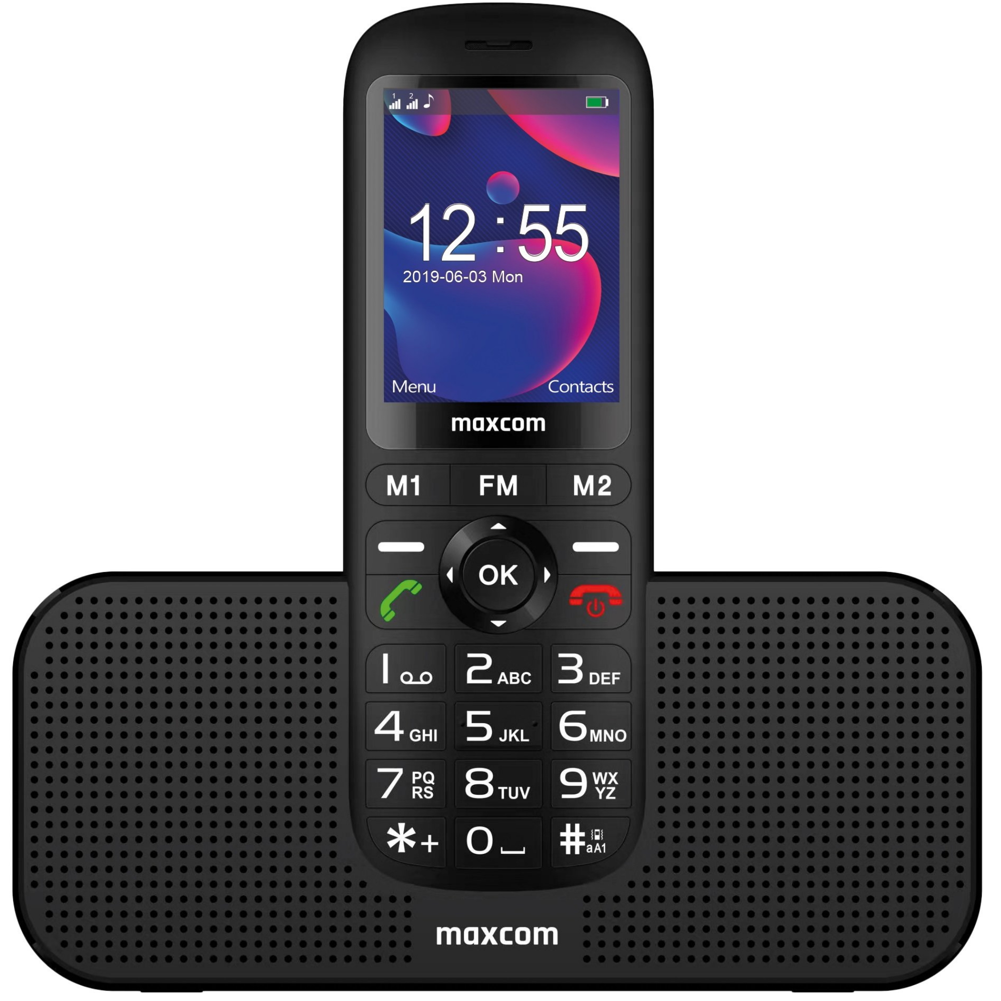 Telefon mobil maxcom comfort mm740 dual sim black + stand incarcare cu radio si boxe incorporate