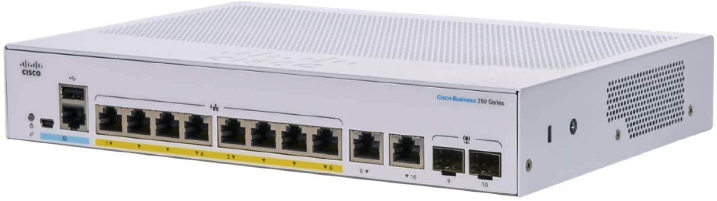 Switch cisco cbs250-8p-e-2g cu management cu poe 8x1000mbps-rj45 (8xpoe) + 2xgigabit/sfp combo