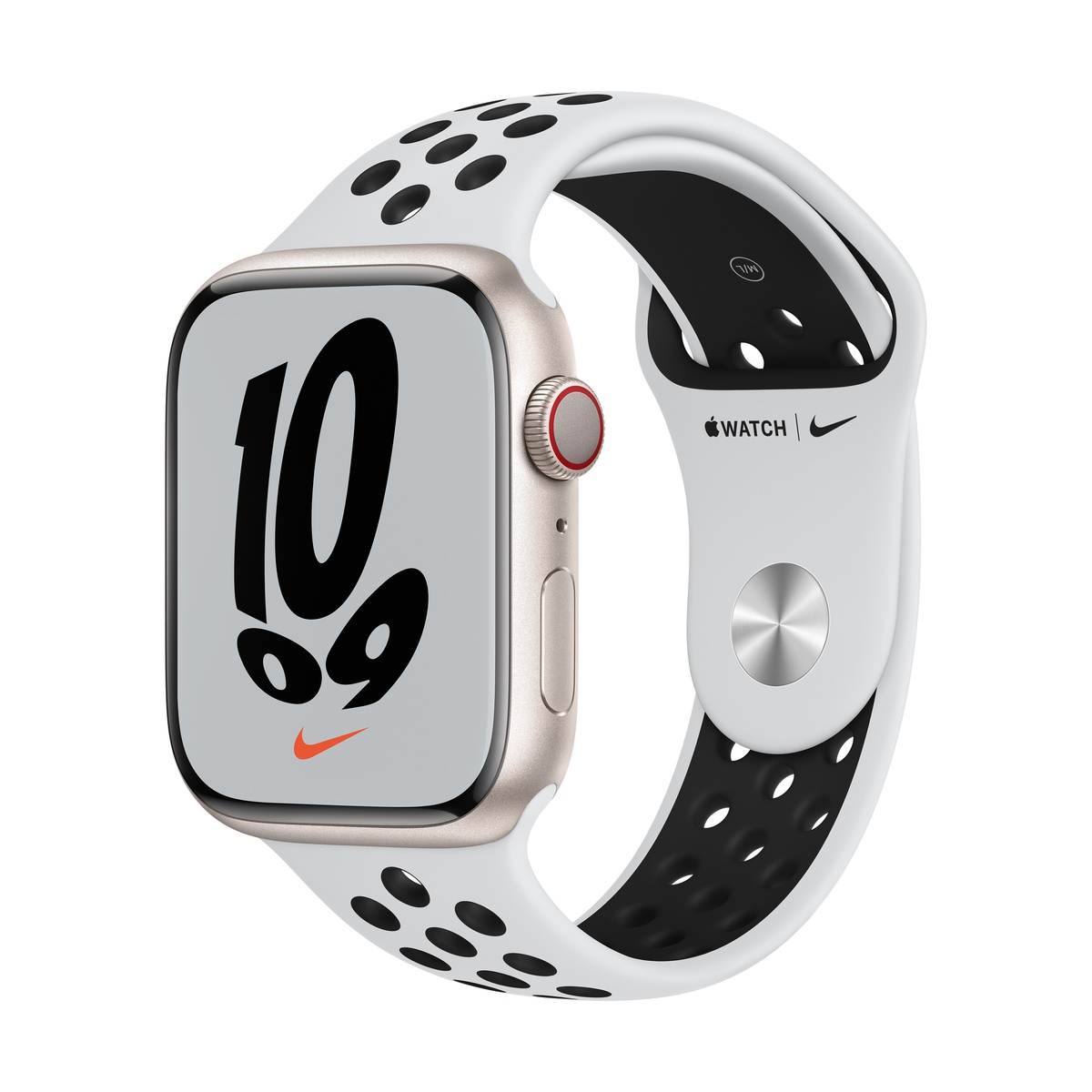 Smartwatch apple watch nike series 7 gps + cellular 45mm 4g carcasa starlight aluminium bratara pure platinum/black nike sport band