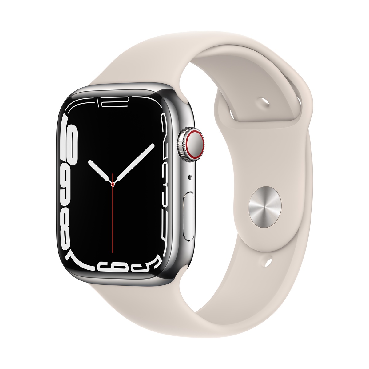 Smartwatch apple watch series 7 gps + cellular 45mm 4g carcasa silver stainless steel bratara starlight sport band