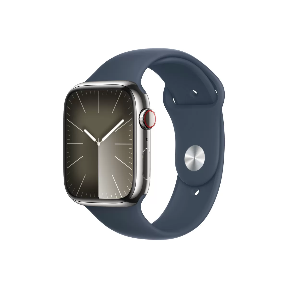 Smartwatch apple watch 9 gps + cellular 45mm carcasa silver stainless steel bratara storm blue sport - m/l