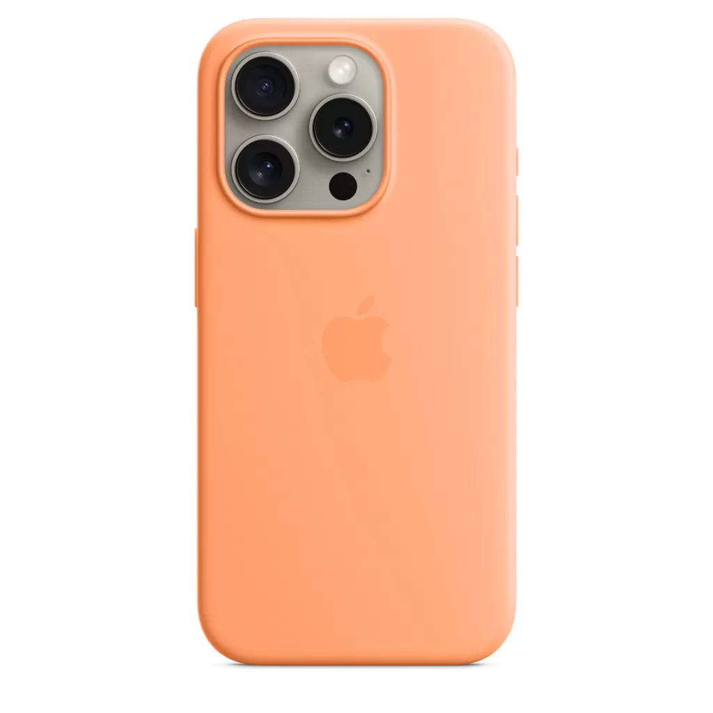 Husa de protectie apple silicone case cu magsafe pentru iphone 15 pro orange sorbet