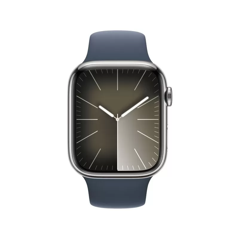 Smartwatch apple watch 9 gps + cellular 45mm carcasa silver stainless steel bratara storm blue sport - s/m