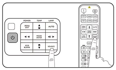 Selectarea sursei de semnal din telecomanda sau de pe panoul videoproiectorului