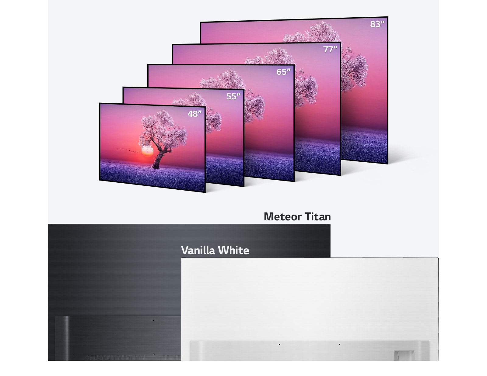 Linia de televizoare LG OLED in diferite dimensiuni de la 48 inci la 83 inci si culori in negru deschis si alb vanilat