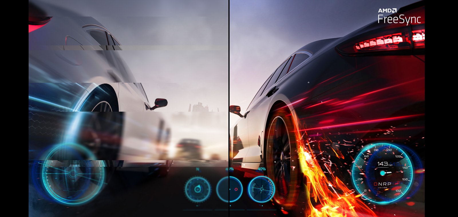 Imagine clara de joc cu miscare fluida si fluida atunci cand este activat AMD FreeSync ™, in timp ce balbaitul si ruperea ecranului apar atunci cand AMD FreeSync ™ este dezactivat.