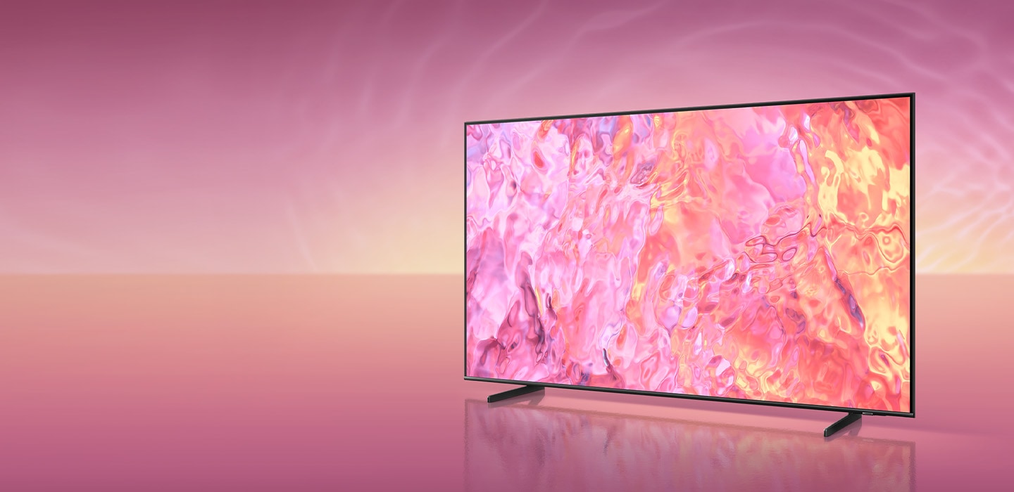 A Neo QLED TV with a new simple stand is displaying pink graphic  on its screen.
