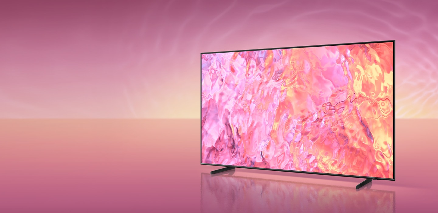 A Neo QLED TV with a new simple stand is displaying pink graphic on its screen.